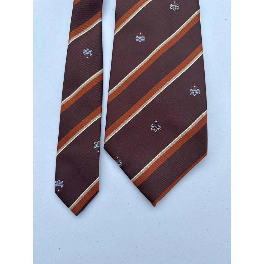 Wembley Mens Vintage Striped Crest Necktie Brown Orange‎ Wide Silk Blend Tie